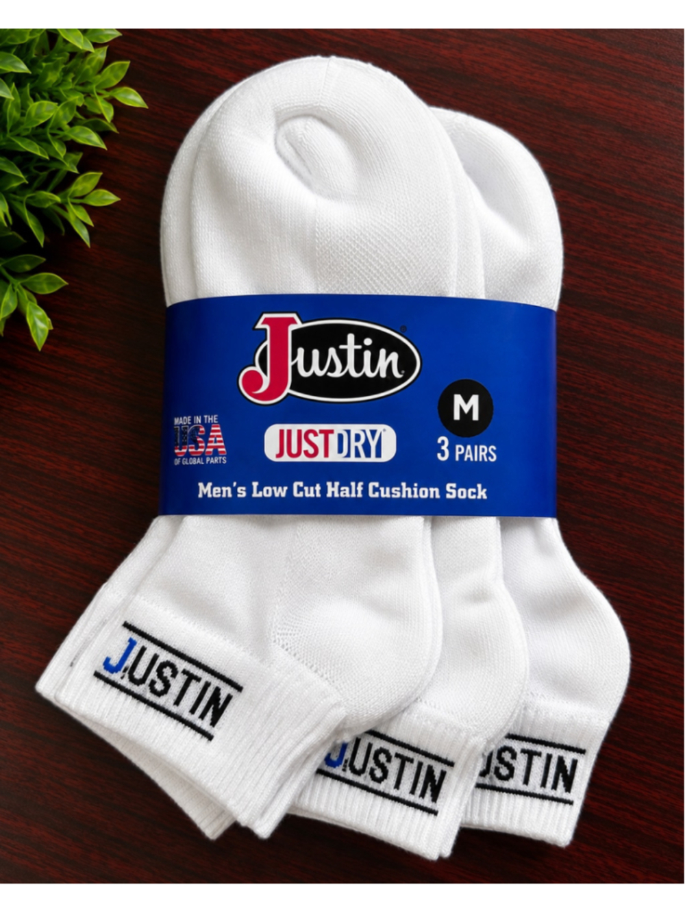 Justin JustDry Men’s Low Cut Half Cushion Socks 3 Pair Pack White Medium NWT
